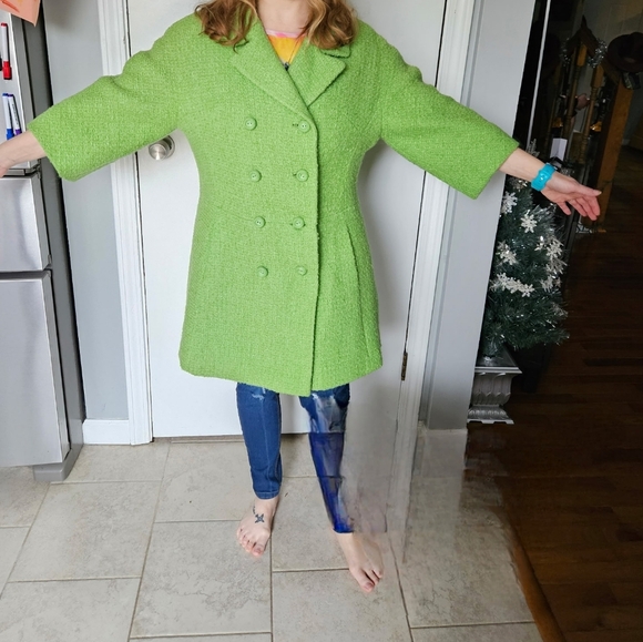 Vintage Miller Schulman Green Double-Breasted Spring Wool Coat, Med, 3/4 Sleeve - Picture 16 of 16